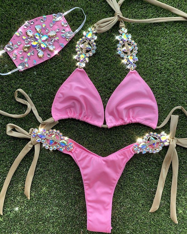 

Sexy Rhinestone Bikini Women Solid Pink Sequin Crystal Diamond 2 Piece Swimsuit Brazilian Bathers Bathing Suit Thong Swimwear