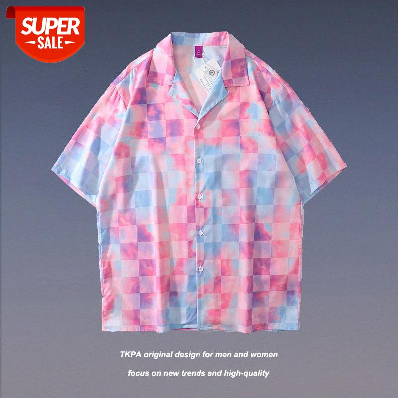 

TKPA Harajuku Japanese Gradient Plaid Full Print Short Sleeve Shirt Men and Women National Weiyi Loose Hip Hop Top #lX6F, White;black