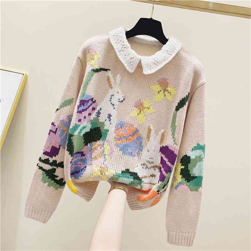 

Autumn Winter Women' Long Sleeves Turn Down Collar Cartoon Knitted Sweaters Womens Knitting Tops Sweater A4400 210519, Beige