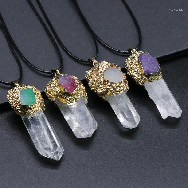 

Pendant Necklaces Natural SemStone Clear Quartz Original Stone Pillar Gilt Irregular NecklaceDIY Charm Necklace Jewelry Gift, Silver