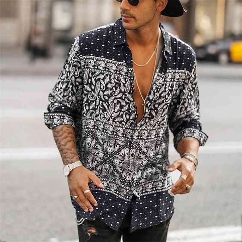 

Design Printed Shirt Men Vintage Ethnic Lapel Collar Long Sleeve Shirts 210721, Beige