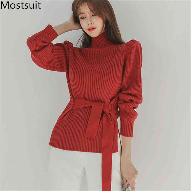 

Korean Knitted Turtleneck Pullover Sweater Women Autumn Winter Puff Sleeve Lace-up Fashion Casual Female Tops Sweaters 210518, Red