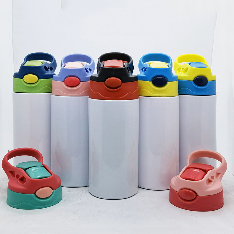 

12 Oz 6 colors Kids Stainless Steel Sublimation Blanks Tumbler Thermos Mugs Straw Cap Water Bottle Portable Sippy Cup Student Sports HY0008, As picture