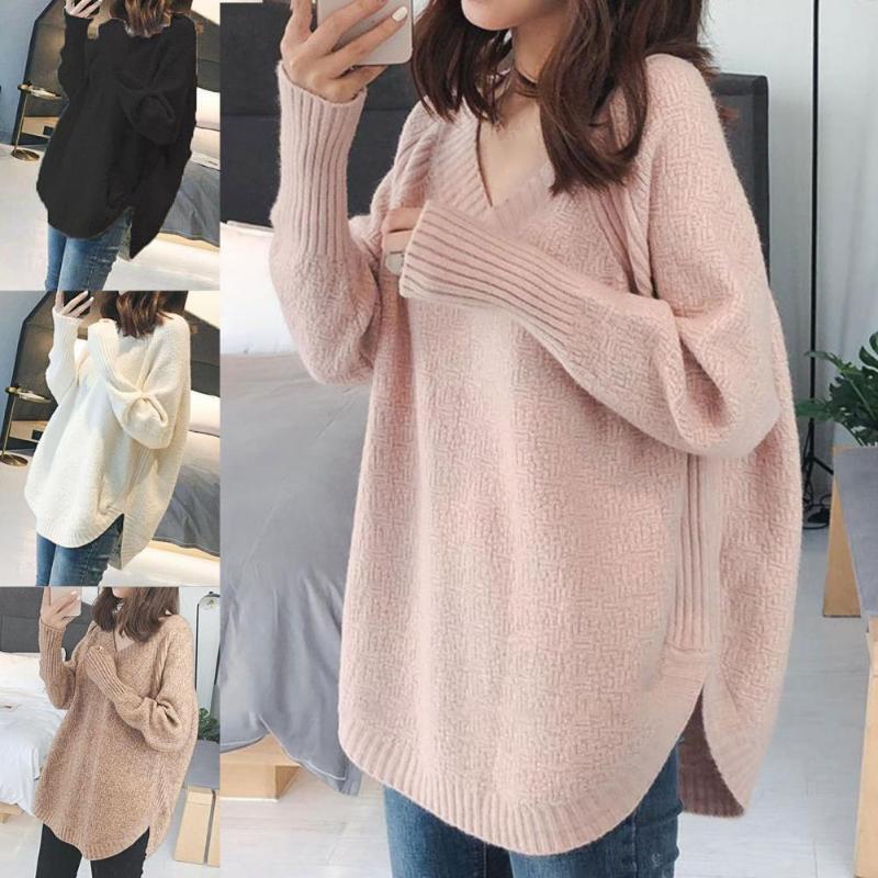 

Women's Sweaters Fashion Women V-Neck Long Sleeve Pullover Sweater Warm Solid Color Arc Hem Streetwear Female Clothing Pulls, White;black