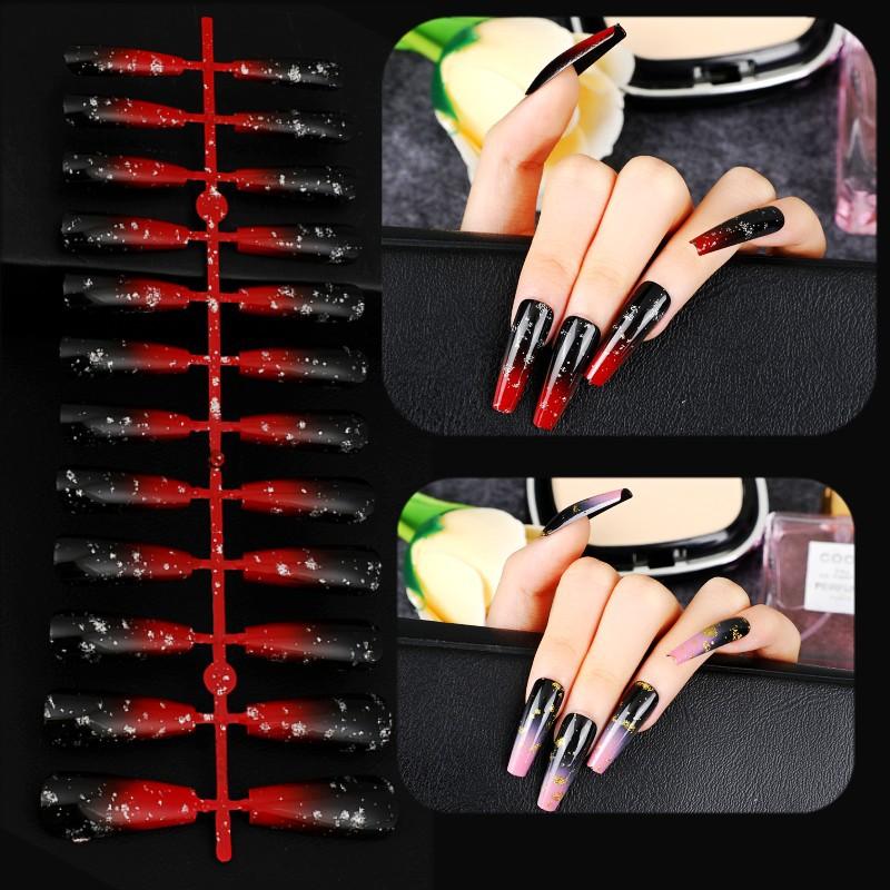 

False Nails 24pcs Full Coverage T-Shaped Long Ballet Nail Texture Starry Black Gradient Wearable Art Detachable Fake Patch, Red;gold