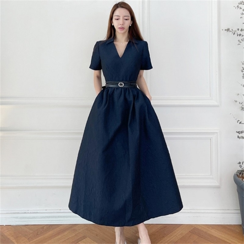 

Women Elegant Office Ladies OL Work Maxi Dress Vestidos Retro Fashion Short Sleeve High Waist Big Swing With Belt 210519, Photo color