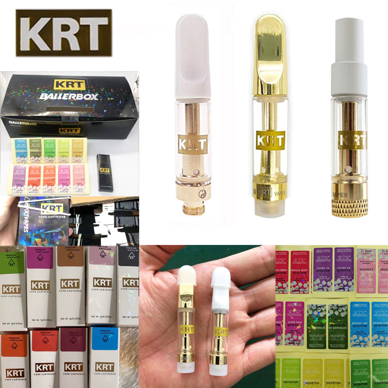 

KRT Carts 0.8ml 1.0ml Gold Ceramic Glass White Atomizers With Packaging Box 10 Strains Labels 510 Thread Vape Cartridges