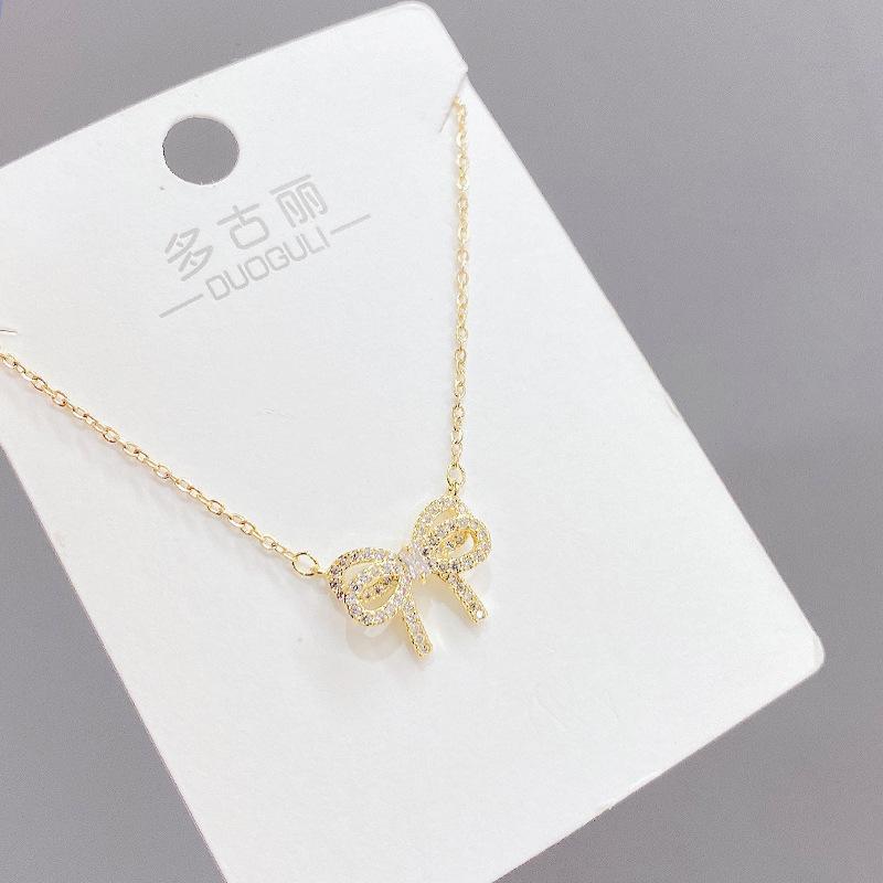 

Chains Korean Ins Bow Gold Women's Necklace Elegant Sweet Micro Inlaid Zircon Clavicle Chain Trend, Silver