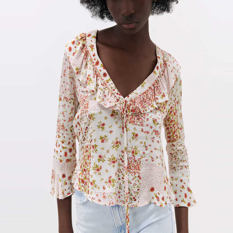 

Za Blouse Women Ruffle Patchwork Floral Print Pink Shirt Long Sleeve Bow V Neck Vintage Summer Top Feminine Elegant Shirts 210602