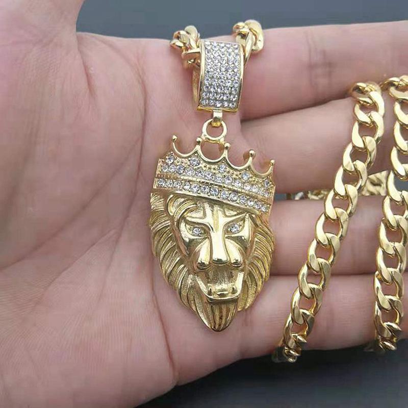 

Pendant Necklaces Hip Hop Bling Iced Out Rhinestones Gold Stainless Steel Crown Lion Pendants Necklace For Men Rapper Jewelry 7mm 61cm Cuban