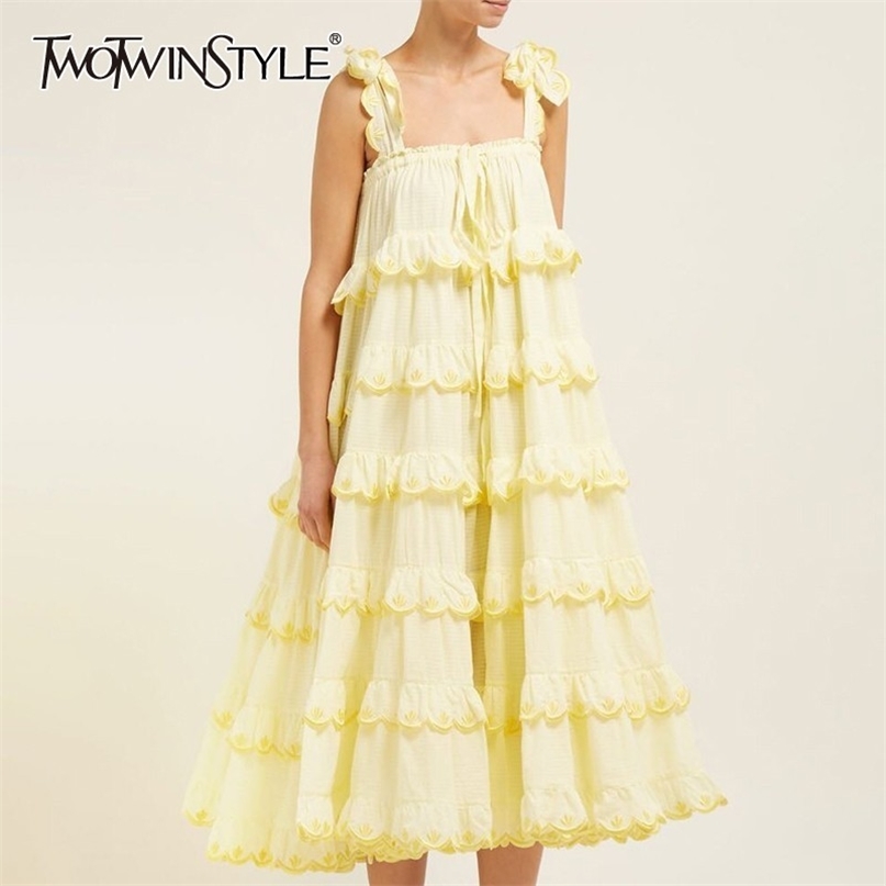 

Elegant Sleeveless Women Dress Strapless Off Shoulder Oversized Ruffles Midi Dresses Female Fashion Summer 210520, Yellow