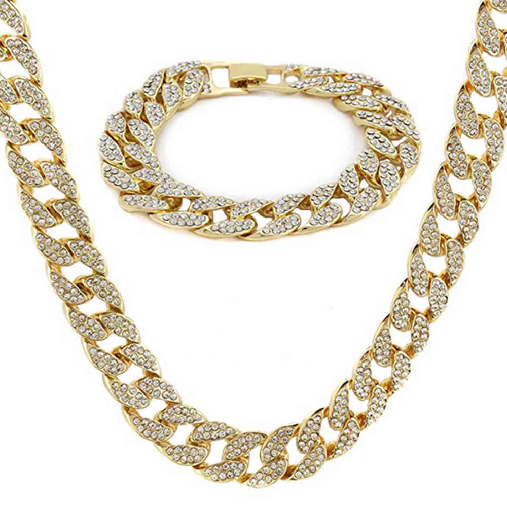

Iced Out Bling Crystal Rhinestone Gold 15mm Men Miami Cuban Link Chain CZ Necklace Bracelets Men's Hip Hop Jewelry Gift X0509