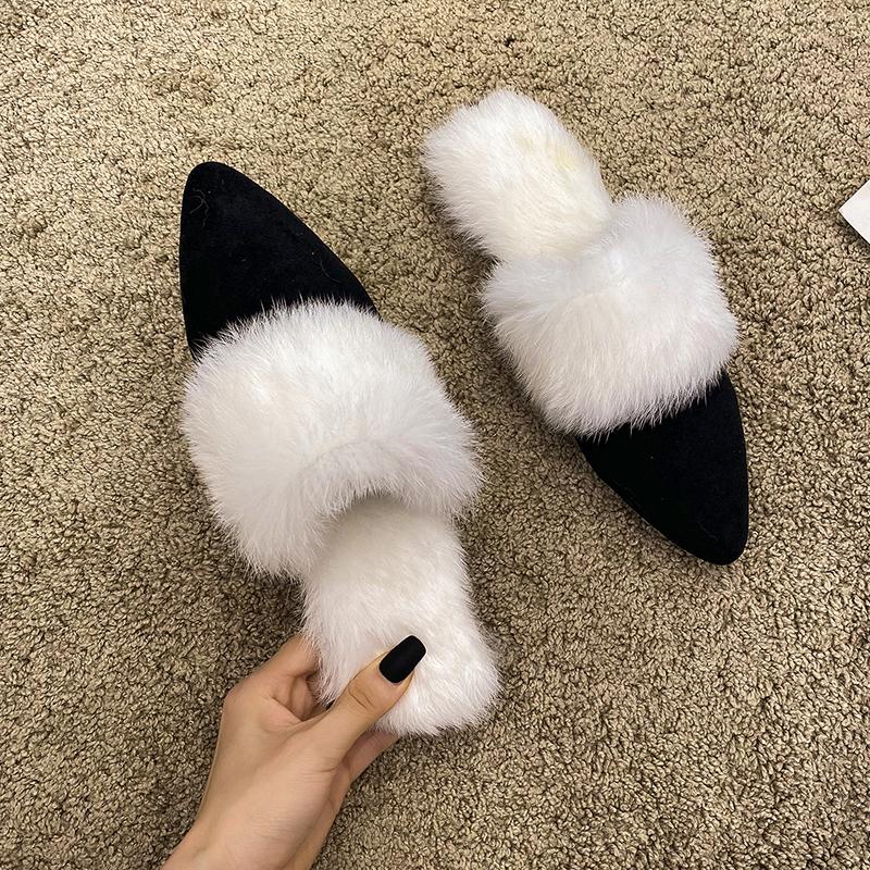 

Slippers Pointed Flat Suede Flocking Muller Shoes Women Fashion Indoor Warm Casual Women's Single Woman, Black
