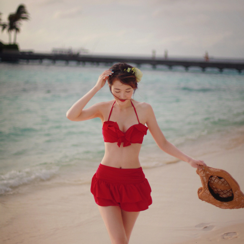Korean Version Red 2021 Split Swimsuit High Waist Three Piece Set Women&#039;s Sexy Steel Bracket Gathered Bikini-image-678467672