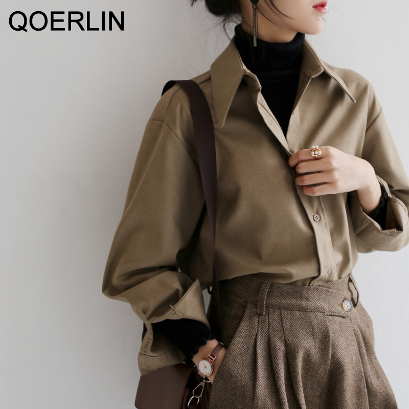 

Coffee Blouse Women Spring Autumn Casual Solid Color Long Sleeve Shirt Women Korean Loose Shirt OL Style Workwear Plus Size -XL, Camel
