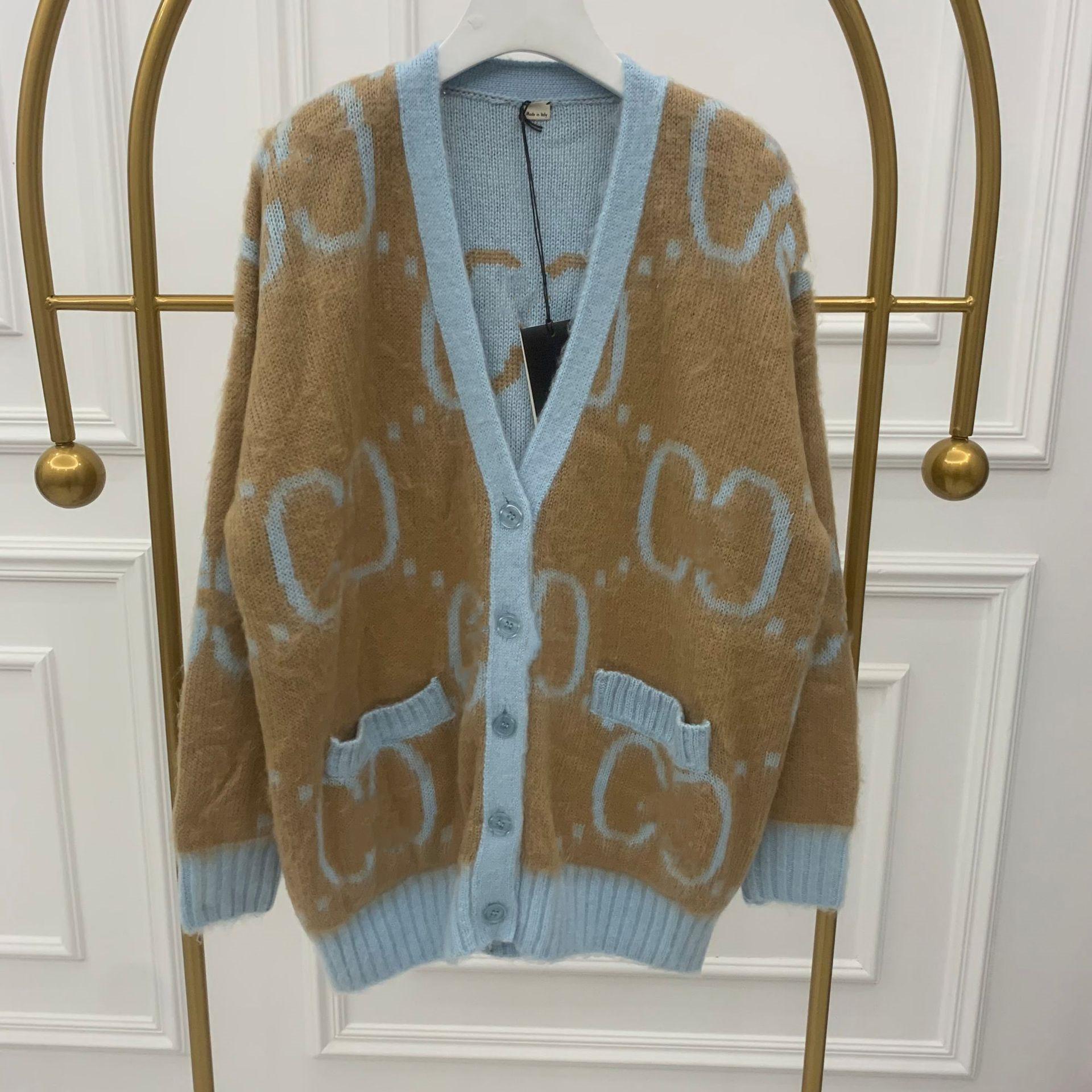 

1101 2022 Runway Autumn Brand SAme Style Sweater Cardigan Long Sleeve V Neck Khaki Fashion Clothes High Quality Womens meiyi, Blue