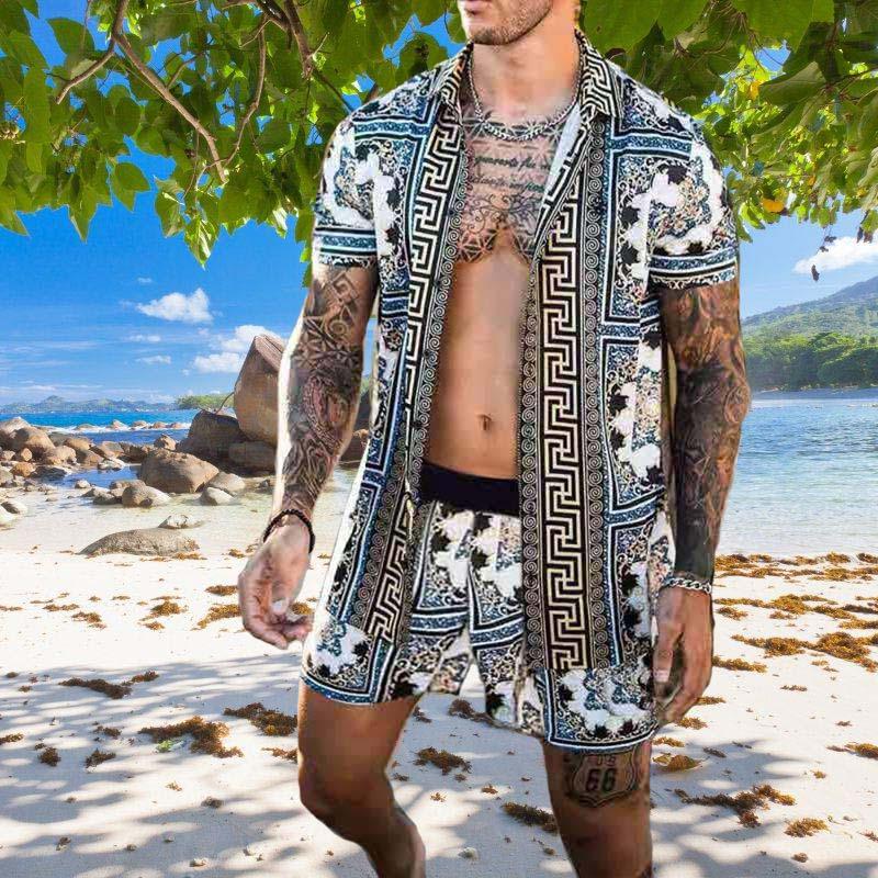 

Men' Tracksuits Men Short Sets Summer 2021 Hawaiian Sleeve Button Shirt Beach Shorts Streetwear Casual Mens Suit 2 Pieces, C10