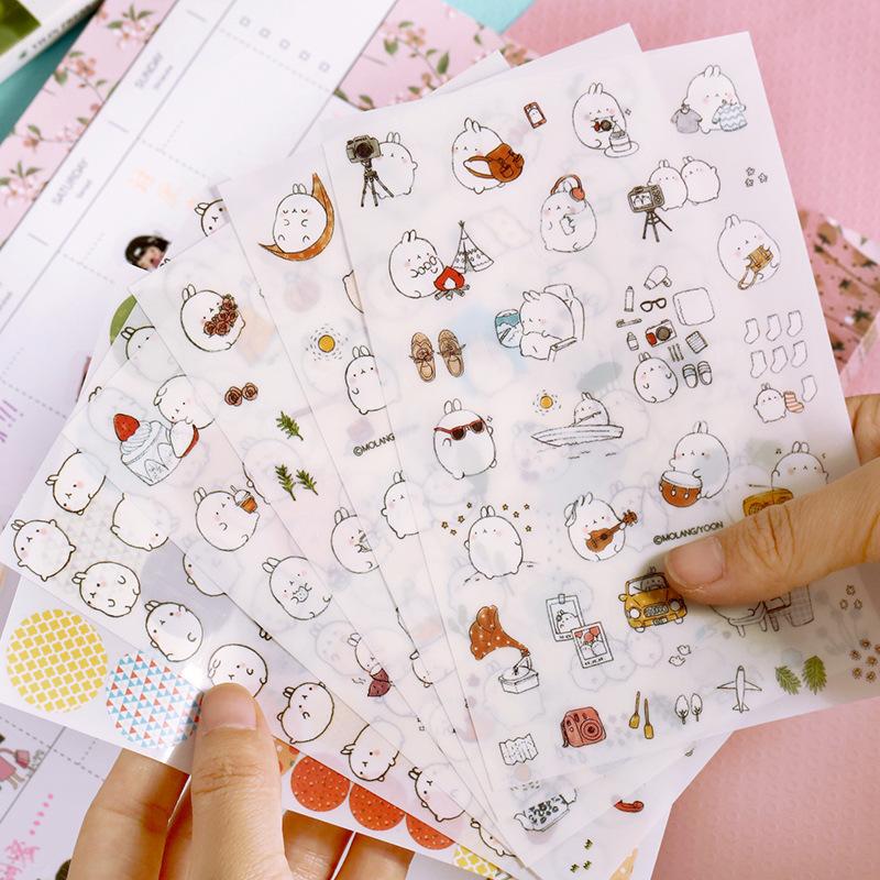 

6sheets/Pack Cute Mini Molang Scrapbooking PVC Adhesive Stickers Set Stationery DIY Craft Diary Decoration Household Supplies Gift Wrap