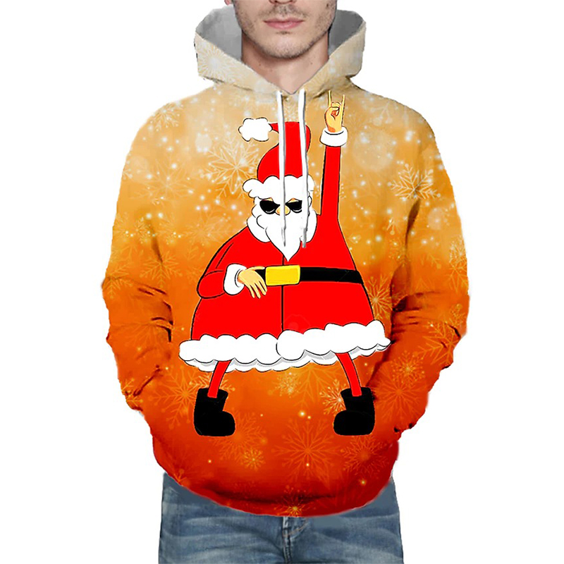 

Christmas Santa Pattern Men's Print Hoodie Visual Impact Party Top Punk Gothic Round Neck High Quality Sweater Hoodie, Black