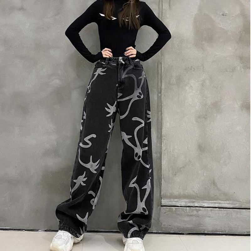 

Men's Pants Graffiti Printed Casual Men Loose Oversized Y2K Wide Leg Harajuku Grunge Jeans Vintage 90s Women, Black