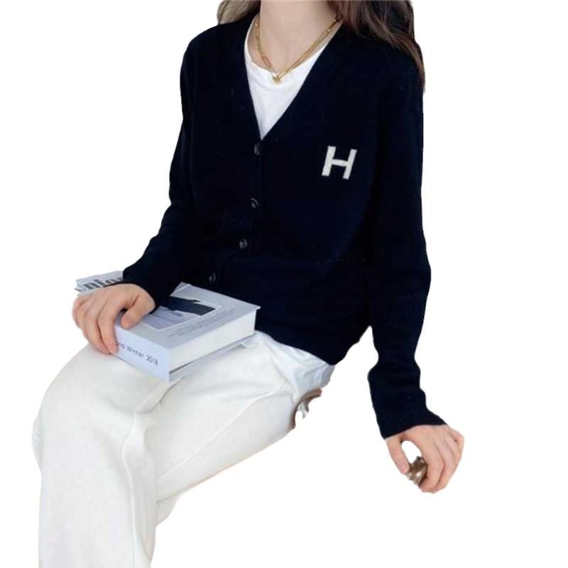 

Women' Knits & Tees Casual Fashion H Letter Embroidery Cashmere Cardigan Women Fall Thin V Collar Korean Loose Pure Wool Coat, Blue
