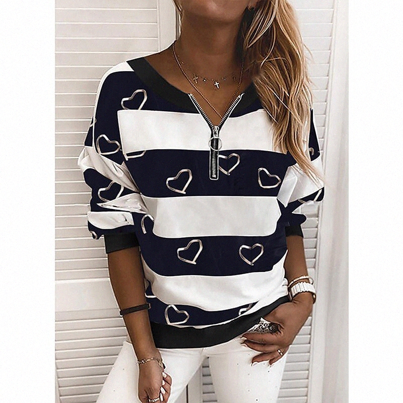 Women's Blouse Shirt Striped Heart Color Block Zipper Print V Neck Basic Streetwear Tops Black Gray Red 66HJ#