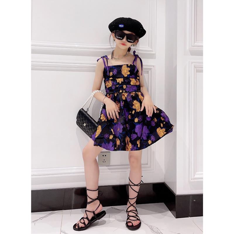 

Girl's Dresses Girls Bow Big Swing Suspender Dress 2021 Summer Retro Oil Flower Princess Girl Party Floral Sleeveless, Beige