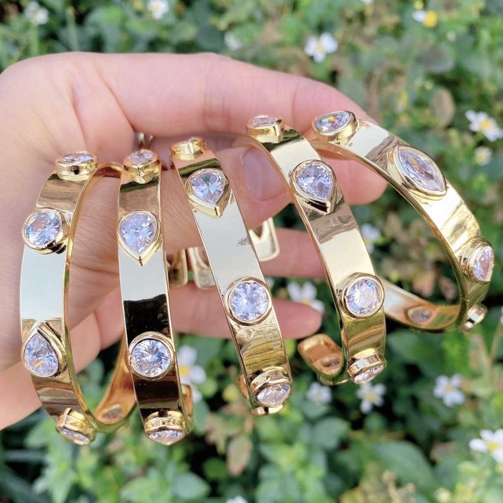 

3pcs, Gold Filled Cuff Open Bangle for Women Cz Crystal Micro Pave Bangle Bracelet Cubic Zirconia Luxury Jewelry Q0720