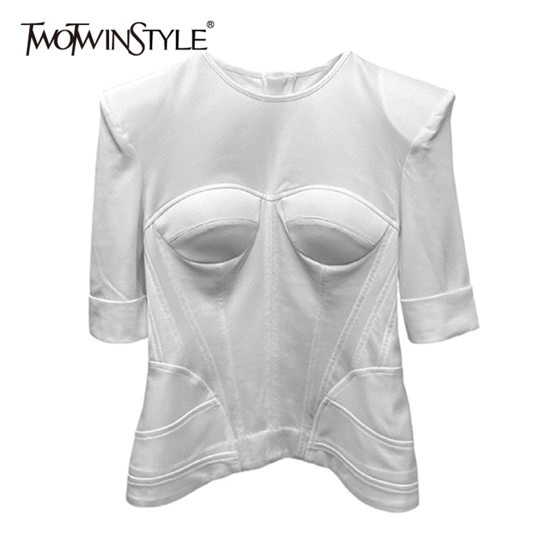 

TWOWINSYLE White Casual Slim Shirt For Women O Neck Half Sleeve Back Patchwork Zipper Solid Shirts Female Summer ide 210524