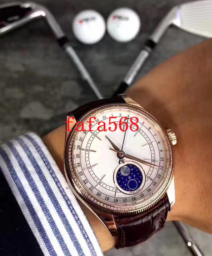 

Hottest 4 Style Watches For Men Steel Rose Gold Mechanical 2813 Watch Men's Cellini 50535 Leather Enamel Moonphase Date Moon Display Wristwatches 39mm 0217, Only box.no watch