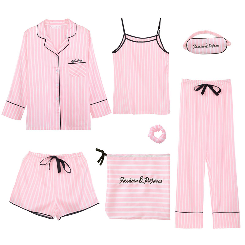 

Pink 7 Pieces Women's Pajamas Sets Faux Silk Striped Pyjama Women's Pajamas Sleepwear Sets Spring Summer Homewear, White