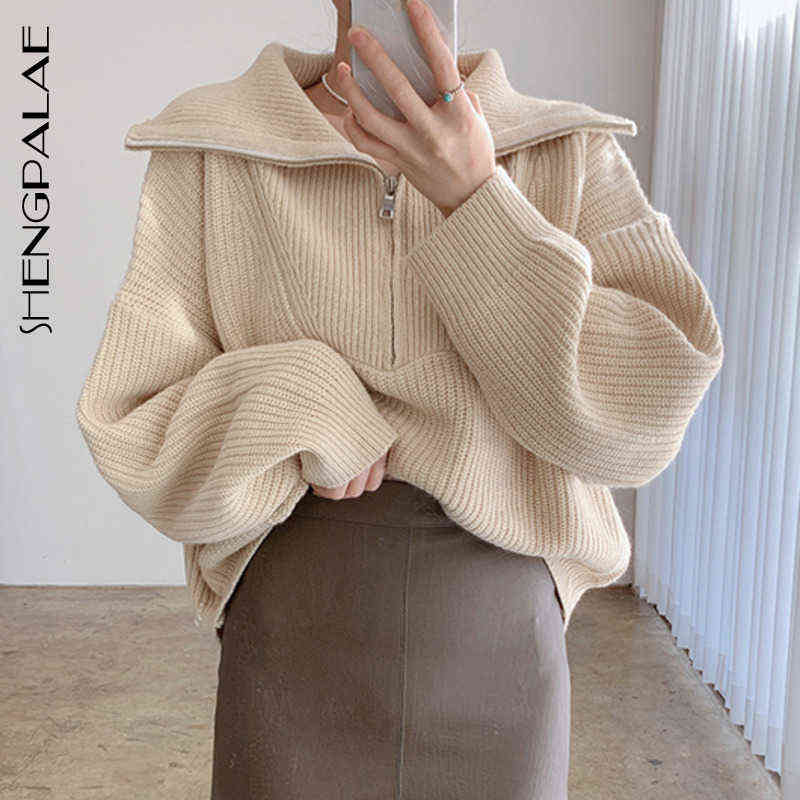 

SHENGPALAE 2021 Spring Women's Sweater Fashion Thick Warm High-neck Large Size Long Sleeve Zipper Knitted Pullovers Tops 5A311 Y1110