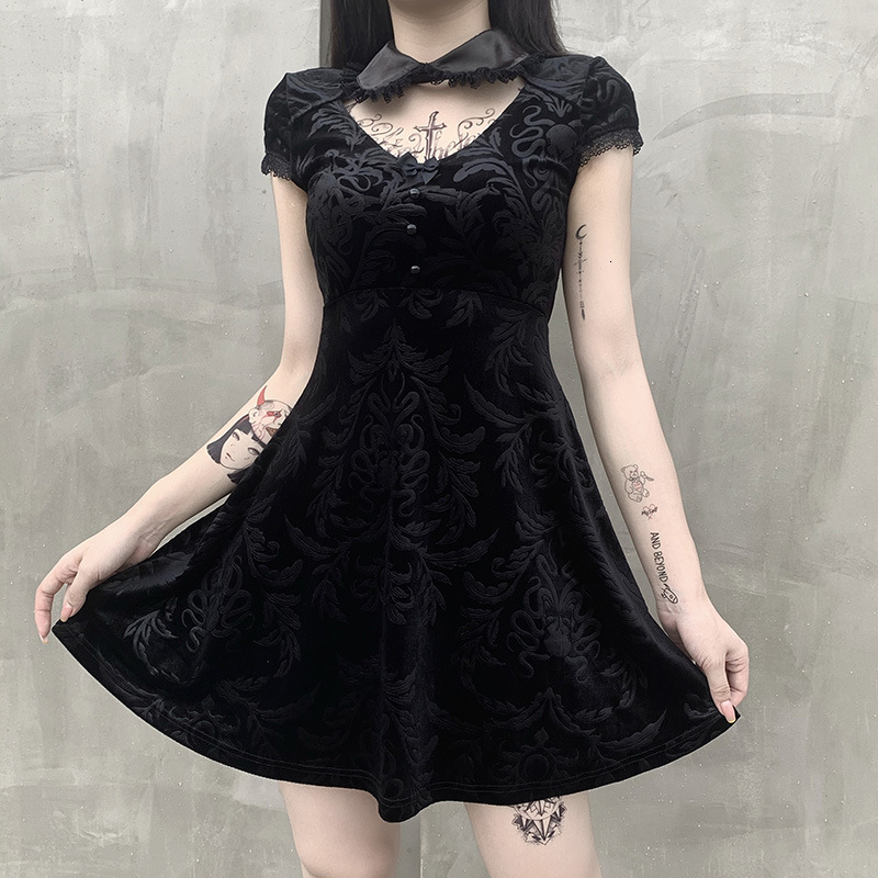 Casual Dresses Women&#039;s Gothic Black Ins All-match Lace Doll Collar Hollow Vestidos Summer Fashion Elegant Mini A Line es 0JFX-image-700287441