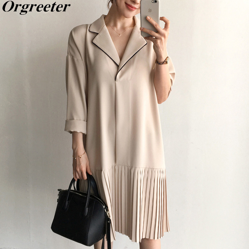 

Casual Notched Collar Loose Pleated Women Dresses Vintage Patchwork Long Sleeve Short Dress Spring Fall 210525, Khaki