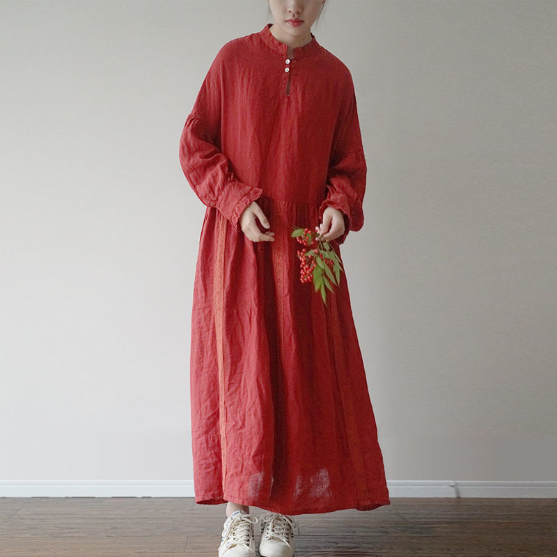 

Johnature Spring Solid Color Stand Retro Lantern Sleeve Dress Cotton Linen Comfortable Plus Size Women 3 Color Dresses 210521, Coffee