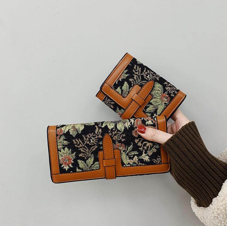 

Factory wholesale women handbag elegant canvas jacquard long wallet folding color matching leather wallets street fashion leathers short walletes, Black2(boutique box)