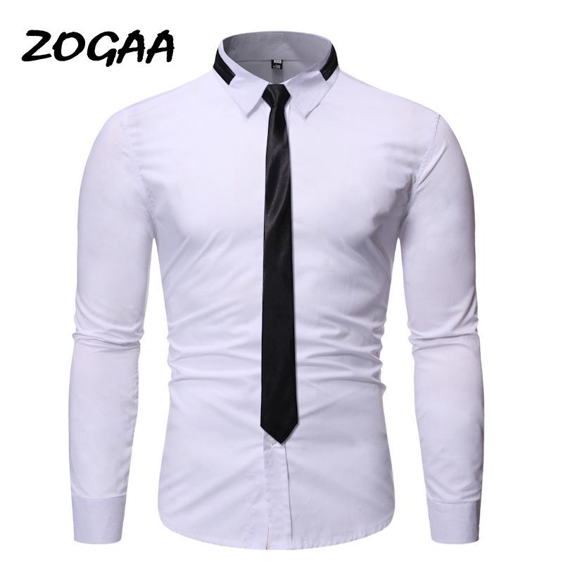 

Men's Top Fashion Shirt Personality Neckline Tie Design 2021 Casual Slim Long Sleeve Solid Color Shirts, Black