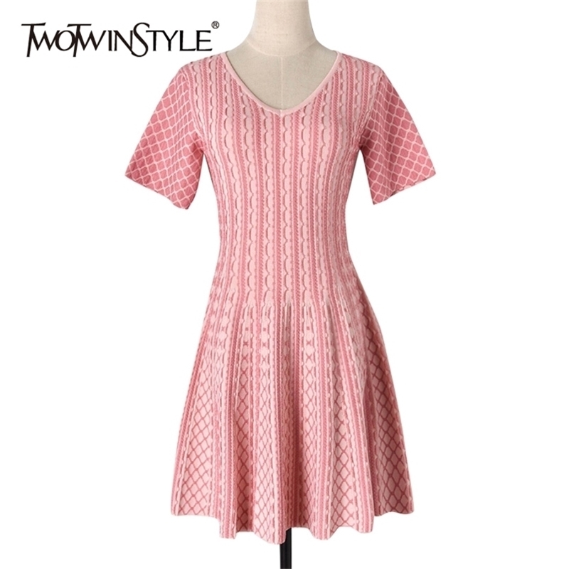 

Elegant Patchwork Hit Color Dress For Women V Neck Short Sleeve High Waist Slim Knitted Dresses Female Fashion 210520, Pink