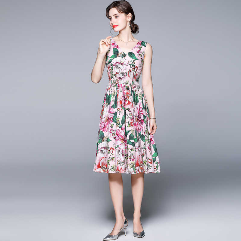 

Women Summer Designer Elegant Floral Print V Neck Sexy Pink Wedding Party Robe Female Vintage Sleeveless Holiday Dress Vestidos 210525