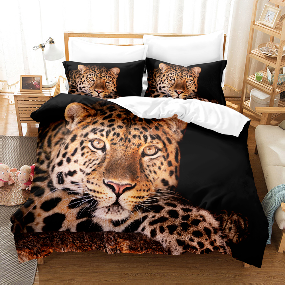 

3D leopard print Duvet Cover Set 100% polyester skin-friendly breathable brushed fabric duvet cover with pillowcase 2/3 piece set complete in size, Leopard-01