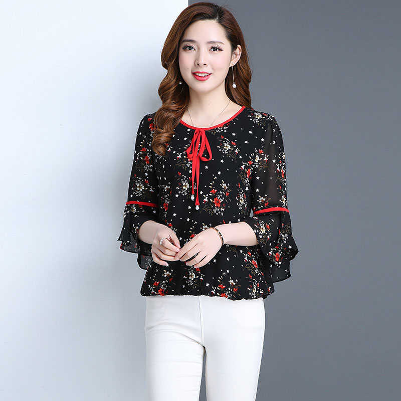 

summer tops chiffon blouse shirt fashion flare sleeve shirts print blouse blusas plus size clothing DF2393 210609, Black