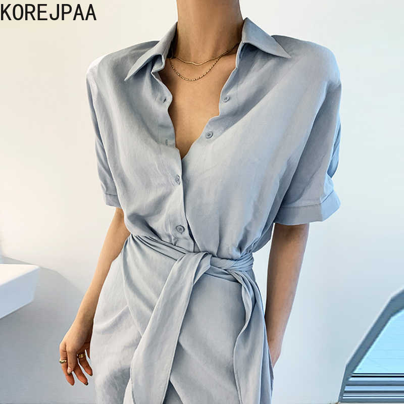 

Korejpaa Women Dress Summer Korean Fashion Elegant Commute Solid Lapel Single-breasted Irregularly Tied Loose Shirt Dresses 210526, Photo color