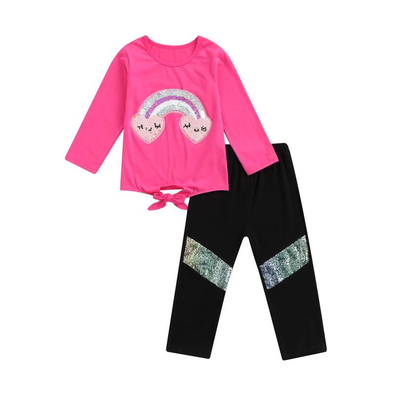 

Clothing Sets 2022 0-6Y Fashion Kids Girl Clothes Set Carton Rainbow Cloud Sequins Round Neck Bandage Long Sleeve Sweatshirt+Pants Spring 2p, As pic