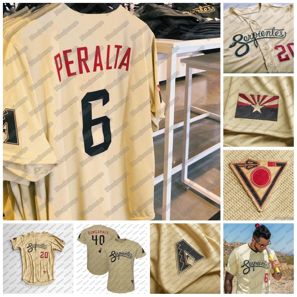 

Serpientes Diamondbacks City Connect Jersey Pavin Smith Eduardo Escobar David Peralta Josh Rojas Madison Bumgarner Nick Ahmed Randy Johnson Kelly Cabrera, Gold no number youth s-xl
