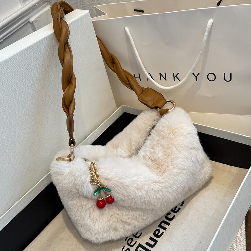 

Evening Bags Jin Small Cute Soft Fluffy Plush Faux Fur Bucket Crossbody Bag 2021 Winter Women's Designer Handbag Shoulder With Rope Belt, Khaki