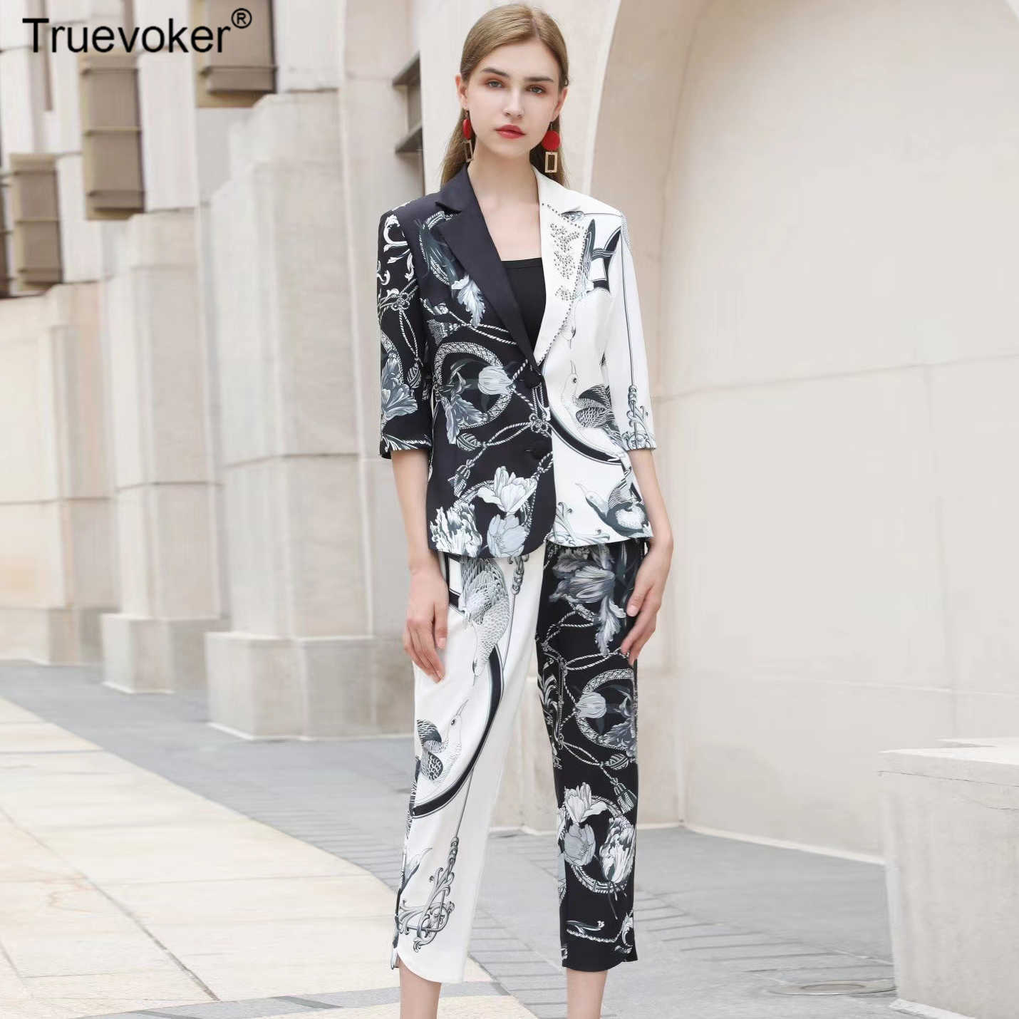 

Truevoker Runway Fashion Sets Suit's Full Sleeve Color Block Printed Tops + Pant Suit Party Stylish Two Pieces 210602, Black
