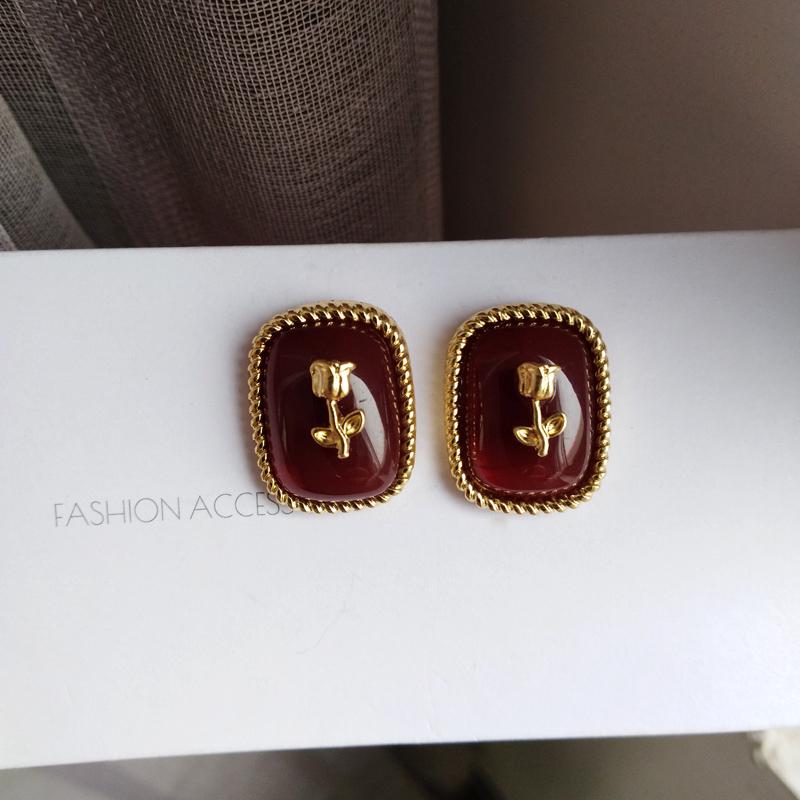 Stud 2021 Korean Vintage Temperament Enamel Square Geometric Earrings Wine Red Resin Rose Flower For Women Girl Jewelry-image-697811970