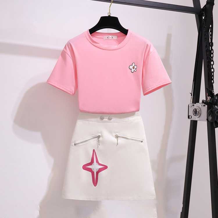 

Summer Two Piece Set Elegant Casual Pink Short Sleeve T-Shirt Top + White A-Line Mini Skirts Suits Outfits 210526