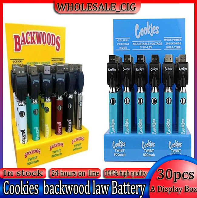 

Cookies Backwoods Law Twist Preheat VV Battery 900mAh Bottom Voltage Adjustable Usb Charger Vape Pen 30Pcs with Display Box