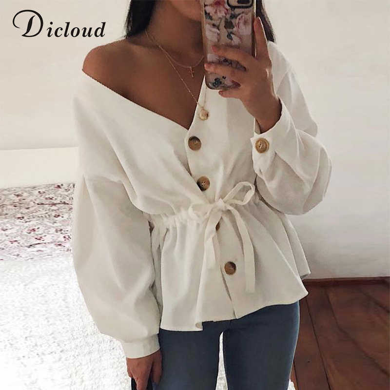 

DICLOUD V Neck Casual Corduroy Shirt White Women Spring Autumn Long Sleeve Sexy Drawstring Fashion Womens Tops and Blouses T191214, White3